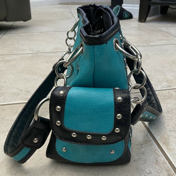 Women's Western Purse, Conceal And Carry Teal Black Bling, Country Glam Handbag - Picture 5 of 8